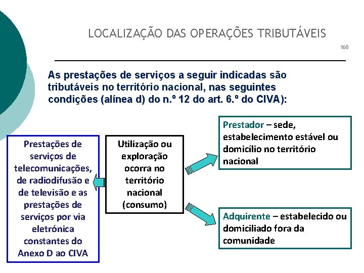 LOCALIZAÇÃO DAS OPERAÇÕES TRIBUTÁVEIS 168 As prestações de serviços a seguir indicadas são tributáveis