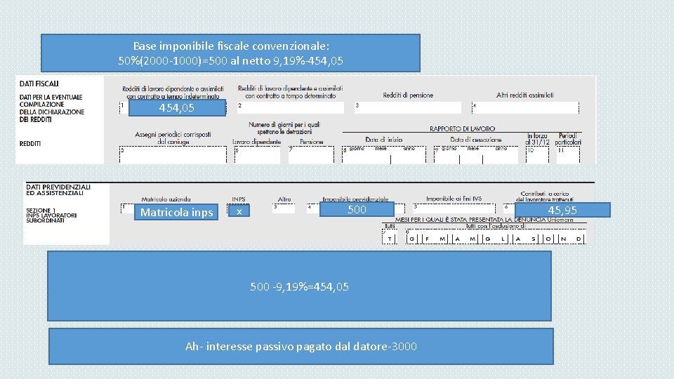 Base imponibile fiscale convenzionale: 50%(2000 -1000)=500 al netto 9, 19%-454, 05 Matricola inps x