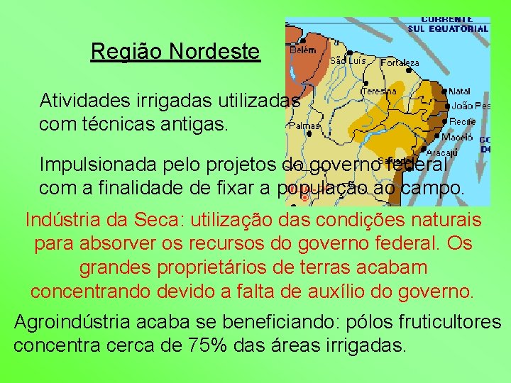 Região Nordeste Atividades irrigadas utilizadas com técnicas antigas. Impulsionada pelo projetos do governo federal