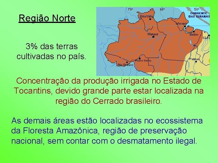 Região Norte 3% das terras cultivadas no país. Concentração da produção irrigada no Estado