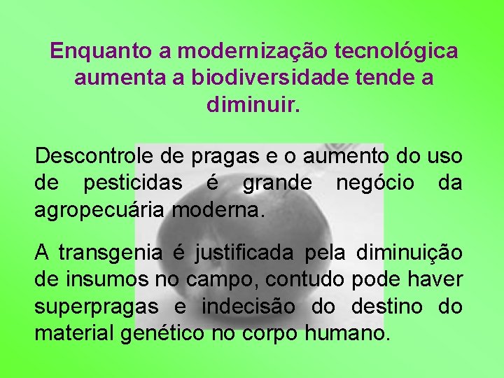 Enquanto a modernização tecnológica aumenta a biodiversidade tende a diminuir. Descontrole de pragas e