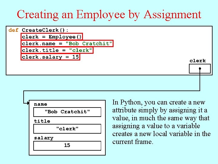 Creating an Employee by Assignment clerk name "Bob Cratchit" title "clerk" salary 15 In