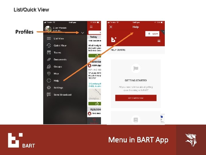 List/Quick View Profiles Menu in BART App 