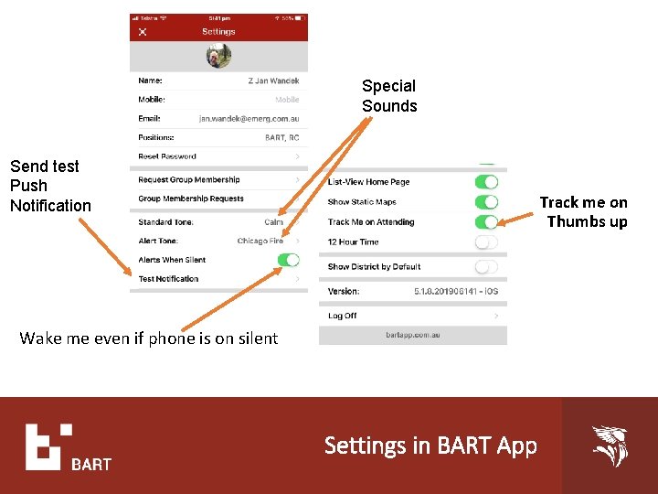 Special Sounds Send test Push Notification Track me on Thumbs up Wake me even
