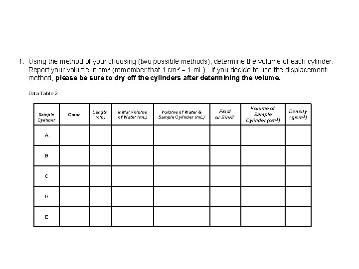 1. Using the method of your choosing (two possible methods), determine the volume of