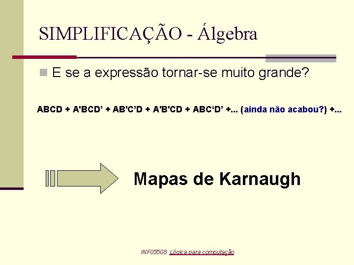 SIMPLIFICAÇÃO - Álgebra n E se a expressão tornar-se muito grande? ABCD + A'BCD’