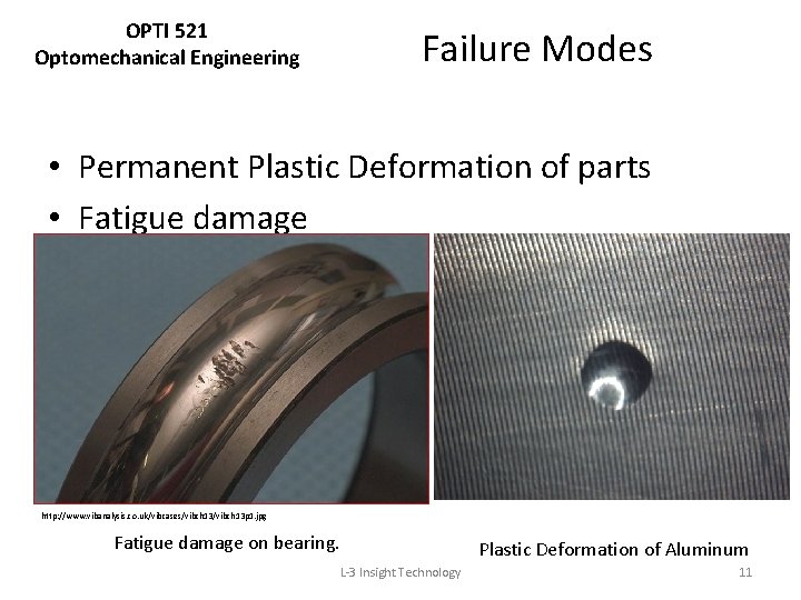 OPTI 521 Optomechanical Engineering Failure Modes • Permanent Plastic Deformation of parts • Fatigue