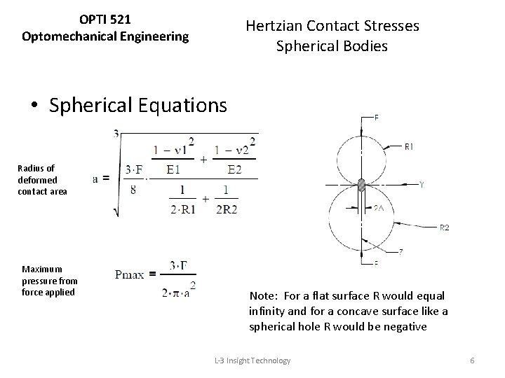 OPTI 521 Optomechanical Engineering Hertzian Contact Stresses Spherical Bodies • Spherical Equations Radius of