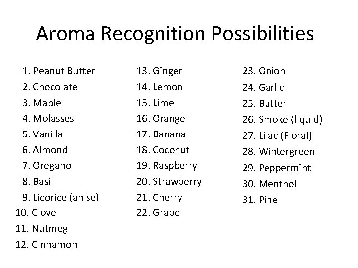 Aroma Recognition Possibilities 1. Peanut Butter 2. Chocolate 3. Maple 4. Molasses 5. Vanilla