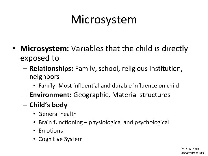 Microsystem • Microsystem: Variables that the child is directly exposed to – Relationships: Family,