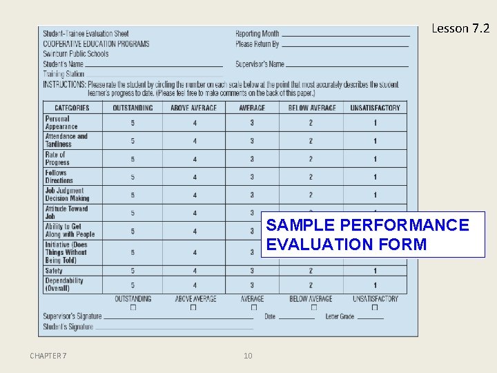 Lesson 7. 2 SAMPLE PERFORMANCE EVALUATION FORM CHAPTER 7 10 