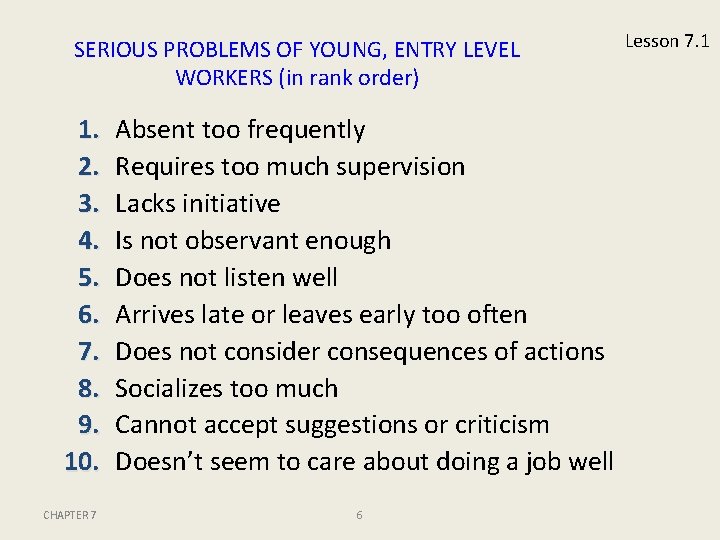 SERIOUS PROBLEMS OF YOUNG, ENTRY LEVEL WORKERS (in rank order) 1. 2. 3. 4.