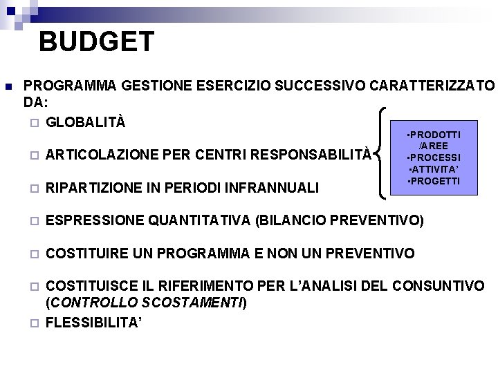 BUDGET n PROGRAMMA GESTIONE ESERCIZIO SUCCESSIVO CARATTERIZZATO DA: ¨ GLOBALITÀ • PRODOTTI /AREE •