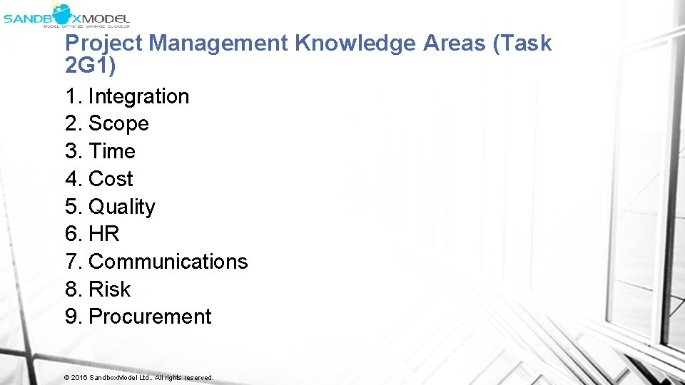 Project Management Knowledge Areas (Task 2 G 1) 1. Integration 2. Scope 3. Time