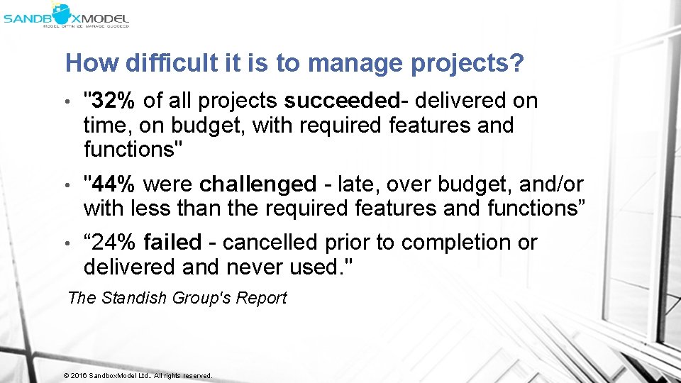 How difficult it is to manage projects? • "32% of all projects succeeded- delivered