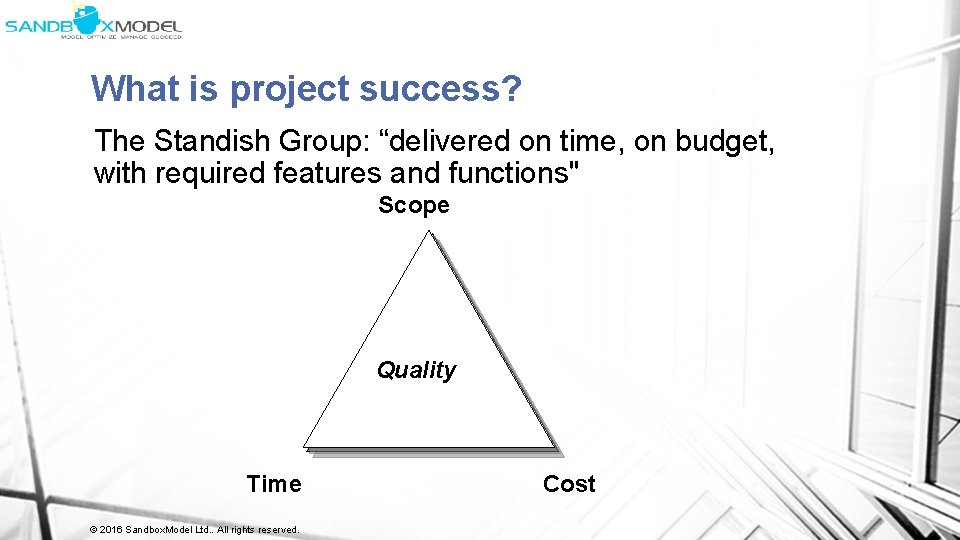 What is project success? The Standish Group: “delivered on time, on budget, with required