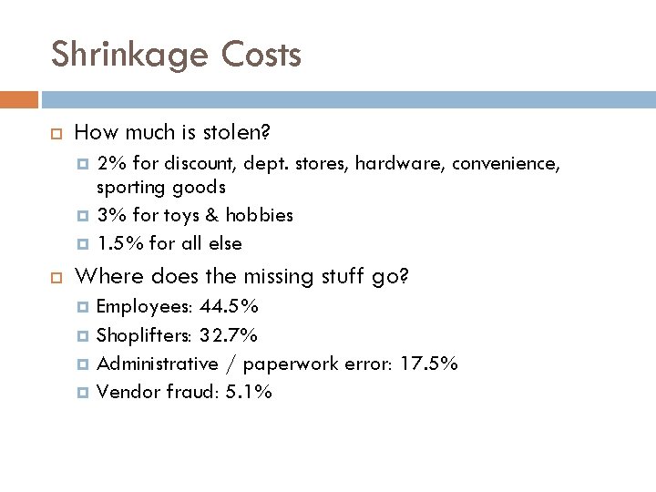 Shrinkage Costs How much is stolen? 2% for discount, dept. stores, hardware, convenience, sporting