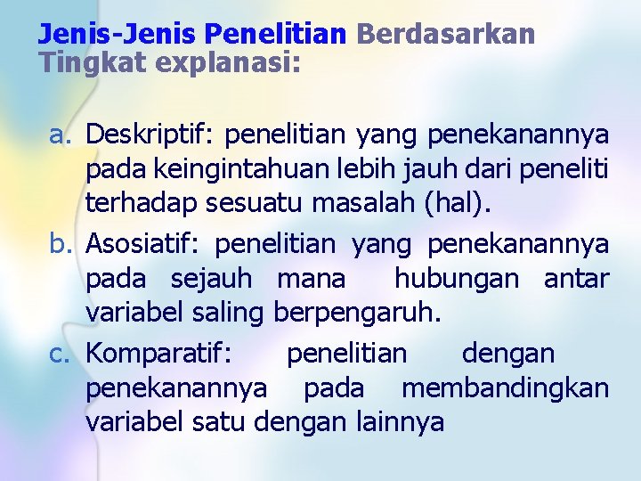 Jenis-Jenis Penelitian Berdasarkan Tingkat explanasi: a. Deskriptif: penelitian yang penekanannya pada keingintahuan lebih jauh