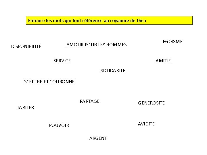 Entoure les mots qui font référence au royaume de Dieu DISPONIBILITÉ EGOISME AMOUR POUR