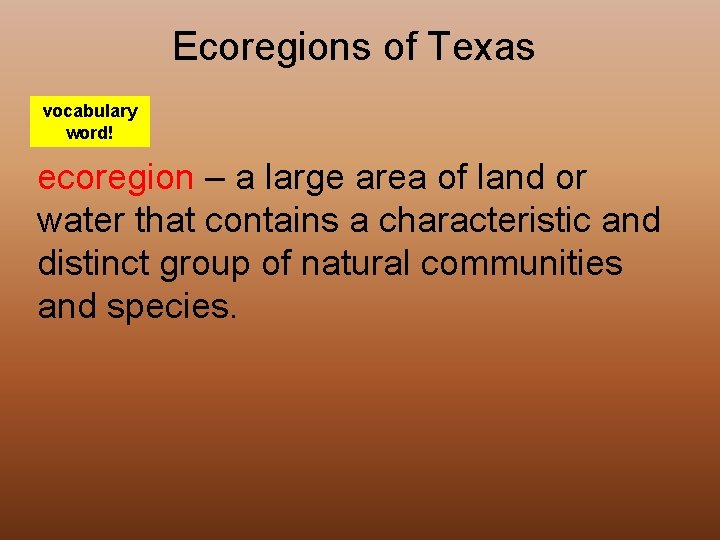 Ecoregions of Texas vocabulary word! ecoregion – a large area of land or water