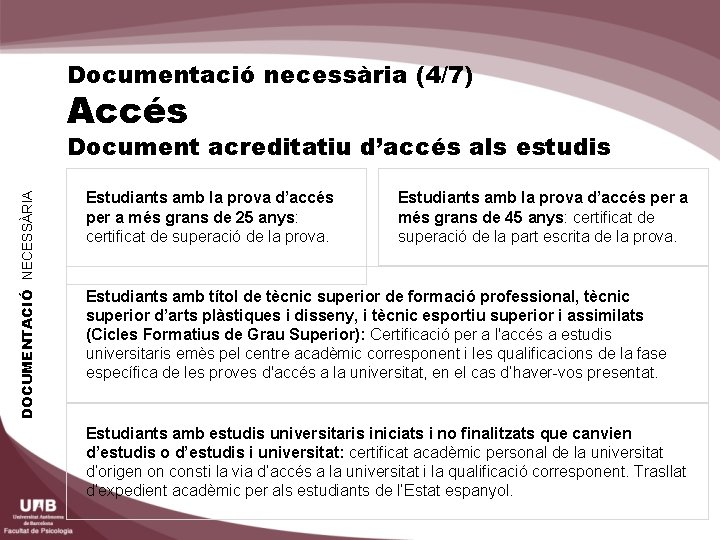 Documentació necessària (4/7) Accés DOCUMENTACIÓ NECESSÀRIA Document acreditatiu d’accés als estudis Estudiants amb la