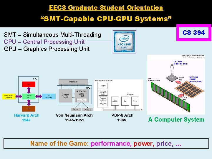 EECS Graduate Student Orientation “SMT-Capable CPU-GPU Systems” CS 394 SMT – Simultaneous Multi-Threading CPU