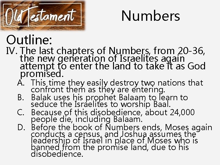 Numbers Outline: IV. The last chapters of Numbers, from 20 -36, the new generation