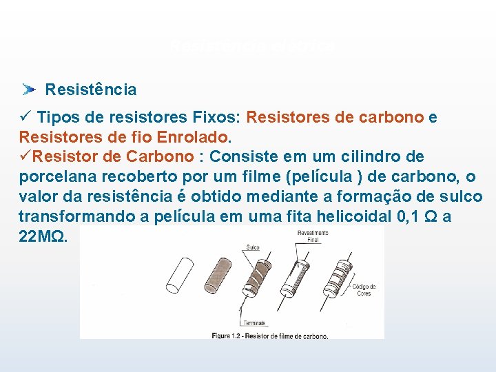 Resistência elétrica Resistência ü Tipos de resistores Fixos: Resistores de carbono e Resistores de