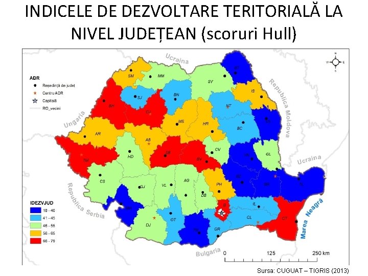 INDICELE DE DEZVOLTARE TERITORIALĂ LA NIVEL JUDEȚEAN (scoruri Hull) Sursa: CUGUAT – TIGRIS (2013)