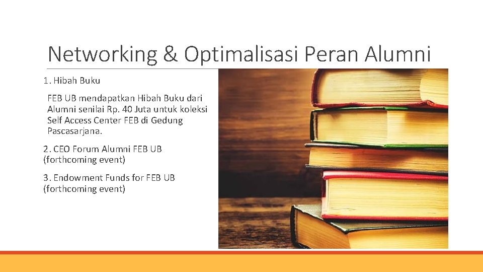 Networking & Optimalisasi Peran Alumni 1. Hibah Buku FEB UB mendapatkan Hibah Buku dari