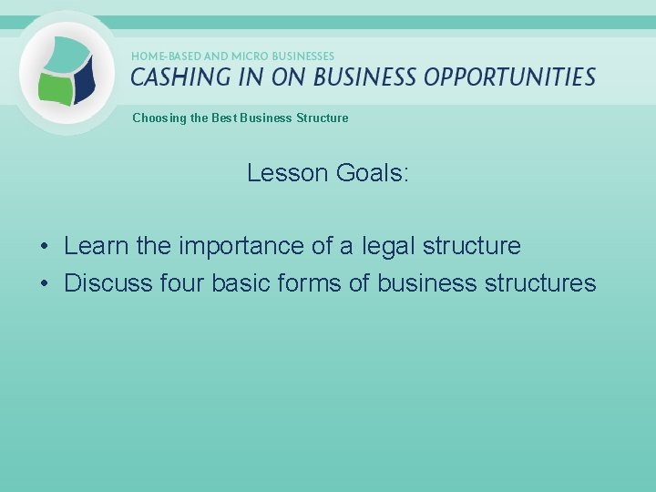 Choosing the Best Business Structure Lesson Goals: • Learn the importance of a legal