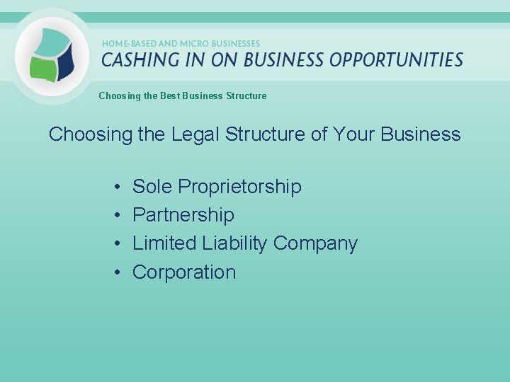 Choosing the Best Business Structure Choosing the Legal Structure of Your Business • •