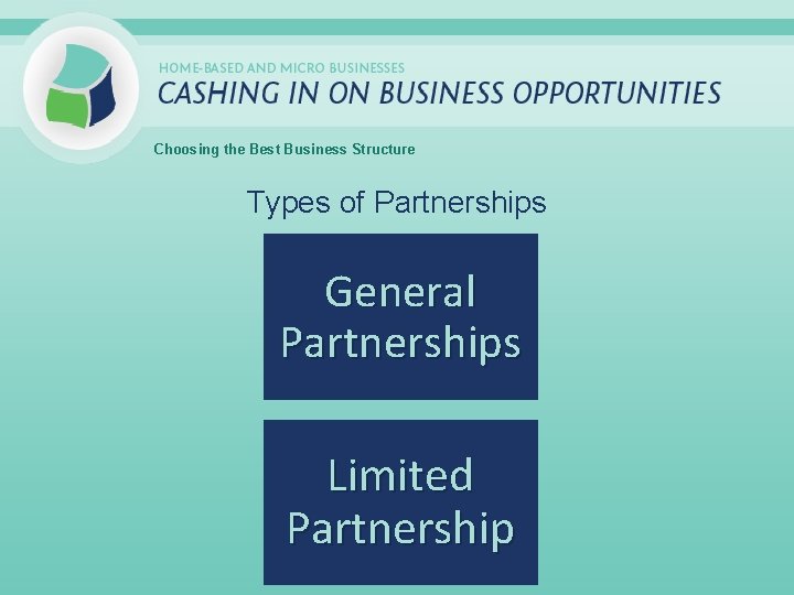 Choosing the Best Business Structure Types of Partnerships General Partnerships Limited Partnership 
