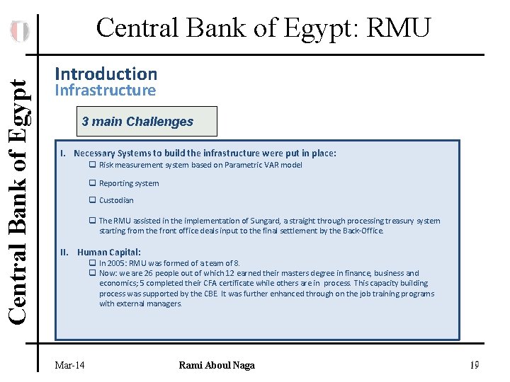 Central Bank of Egypt: RMU Introduction Infrastructure 3 main Challenges I. Necessary Systems to