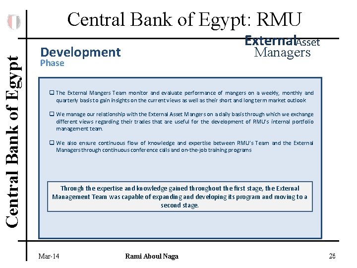 Central Bank of Egypt: RMU External. Asset Development Managers Phase q The External Mangers