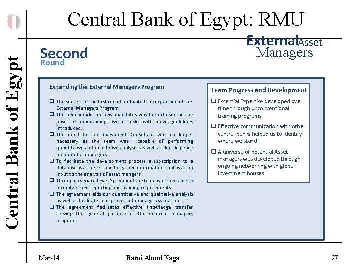 Central Bank of Egypt: RMU External. Asset Second Round Managers Expanding the External Managers