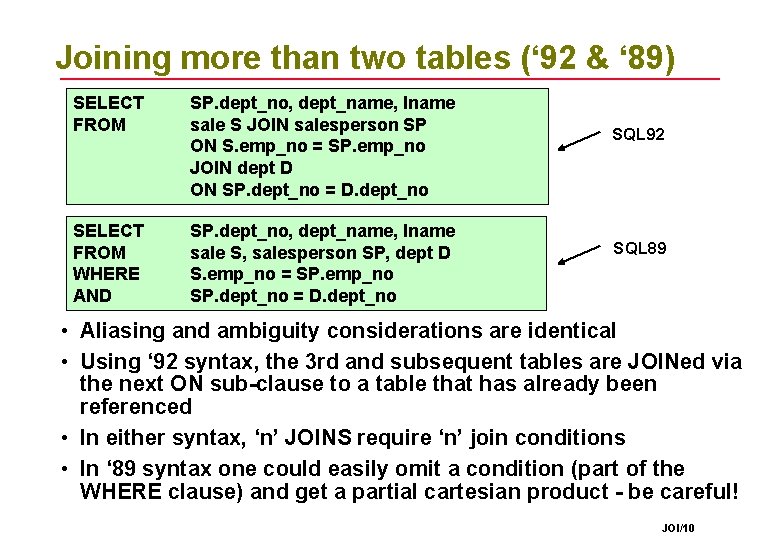 Joining more than two tables (‘ 92 & ‘ 89) SELECT FROM SP. dept_no, Joining more than two tables (‘ 92 & ‘ 89) SELECT FROM SP. dept_no,