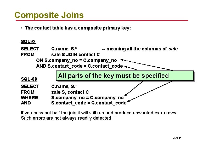 Composite Joins • The contact table has a composite primary key: SQL 92 SELECT Composite Joins • The contact table has a composite primary key: SQL 92 SELECT