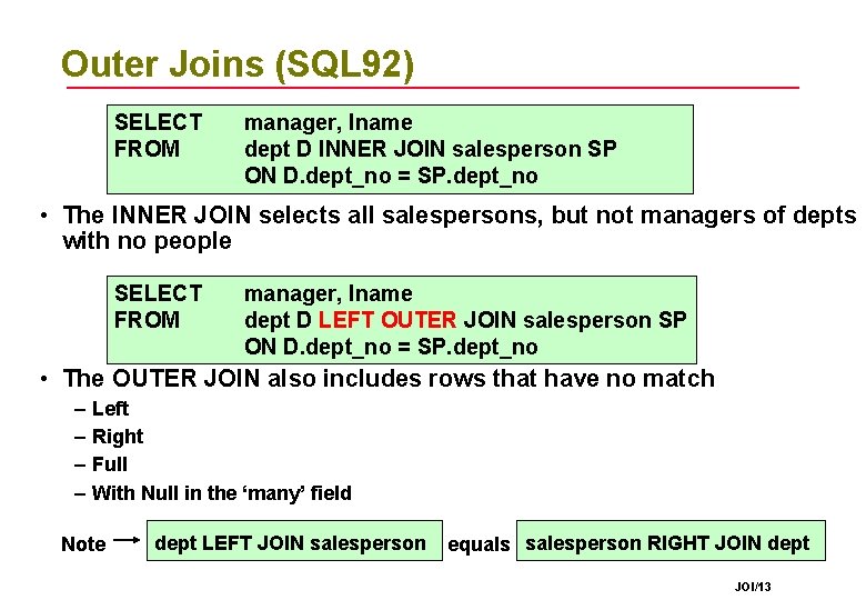 Outer Joins (SQL 92) SELECT FROM manager, lname dept D INNER JOIN salesperson SP Outer Joins (SQL 92) SELECT FROM manager, lname dept D INNER JOIN salesperson SP