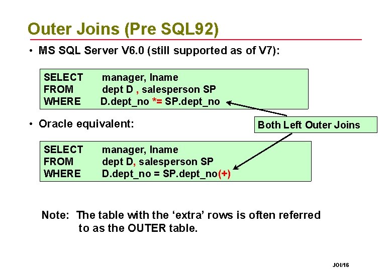 Outer Joins (Pre SQL 92) • MS SQL Server V 6. 0 (still supported Outer Joins (Pre SQL 92) • MS SQL Server V 6. 0 (still supported