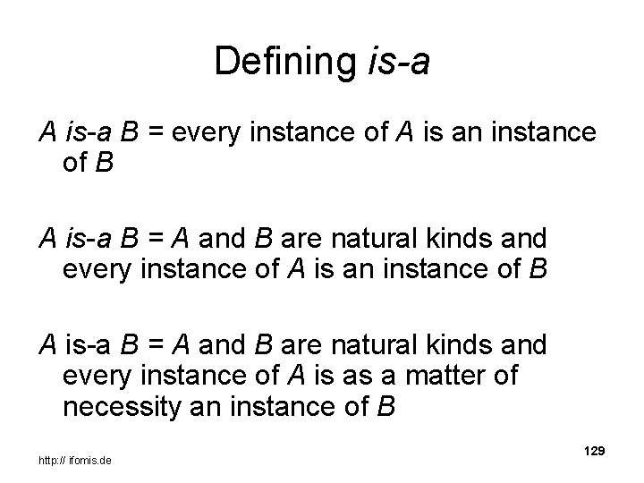 Defining is-a A is-a B = every instance of A is an instance of