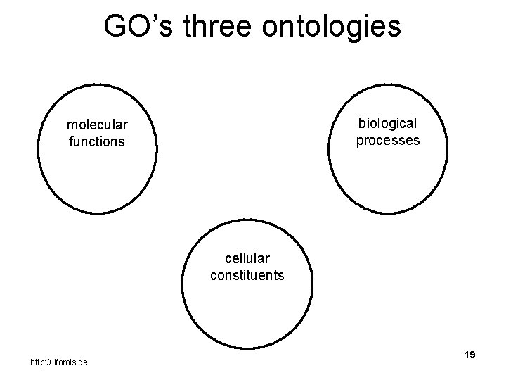 GO’s three ontologies biological processes molecular functions cellular constituents http: // ifomis. de 19