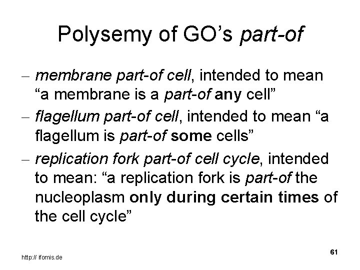 Polysemy of GO’s part-of – membrane part-of cell, intended to mean “a membrane is