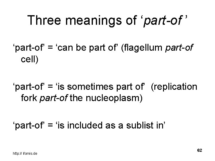 Three meanings of ‘part-of ’ ‘part-of’ = ‘can be part of’ (flagellum part-of cell)