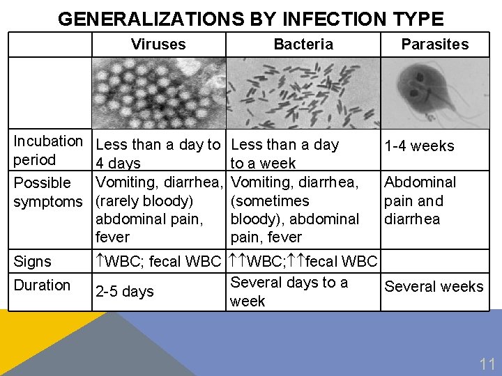 GENERALIZATIONS BY INFECTION TYPE Viruses Incubation Less than a day to period 4 days