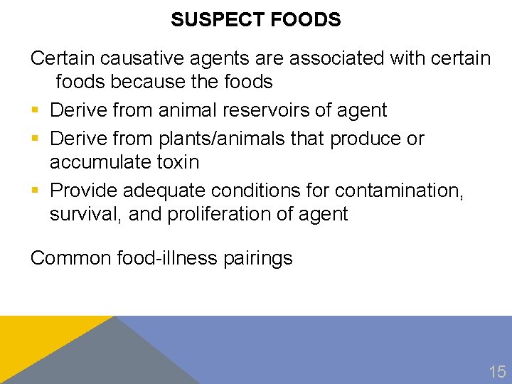 SUSPECT FOODS Certain causative agents are associated with certain foods because the foods §
