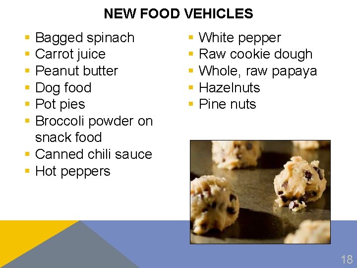 NEW FOOD VEHICLES § Bagged spinach § Carrot juice § Peanut butter § Dog