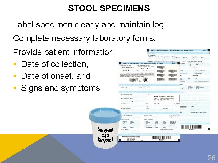 STOOL SPECIMENS Label specimen clearly and maintain log. Complete necessary laboratory forms. Provide patient