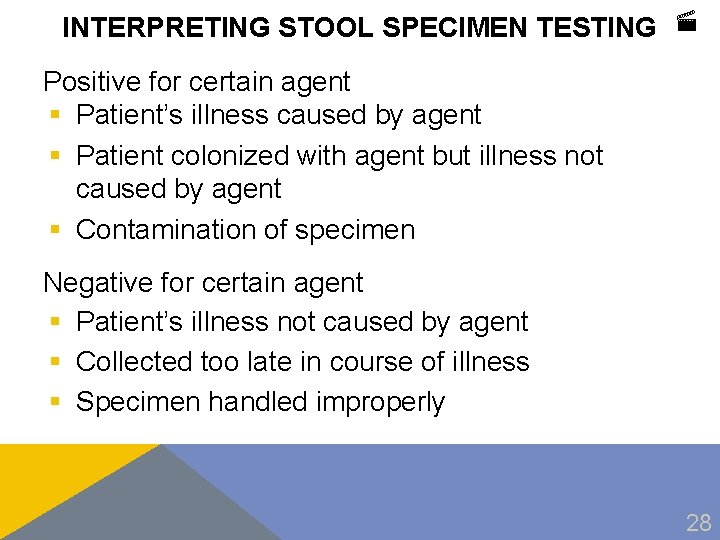 INTERPRETING STOOL SPECIMEN TESTING Positive for certain agent § Patient’s illness caused by agent