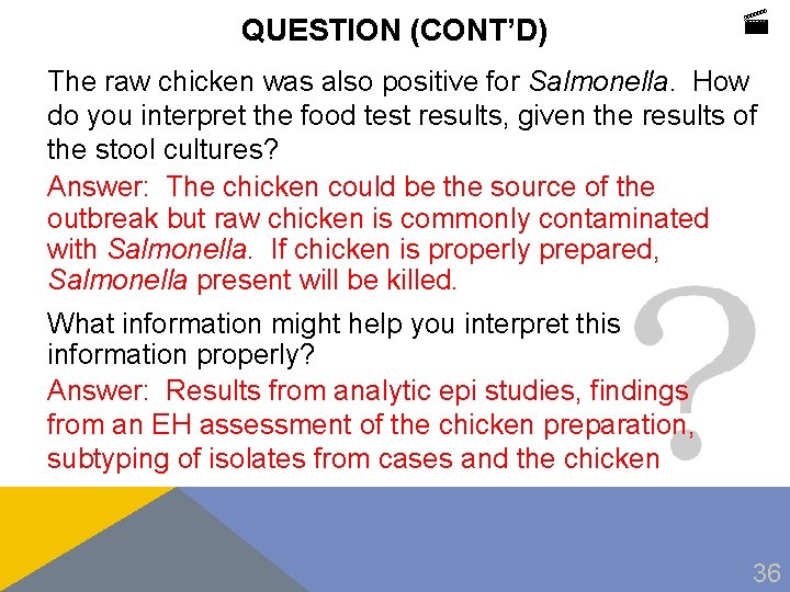 QUESTION (CONT’D) The raw chicken was also positive for Salmonella. How do you interpret